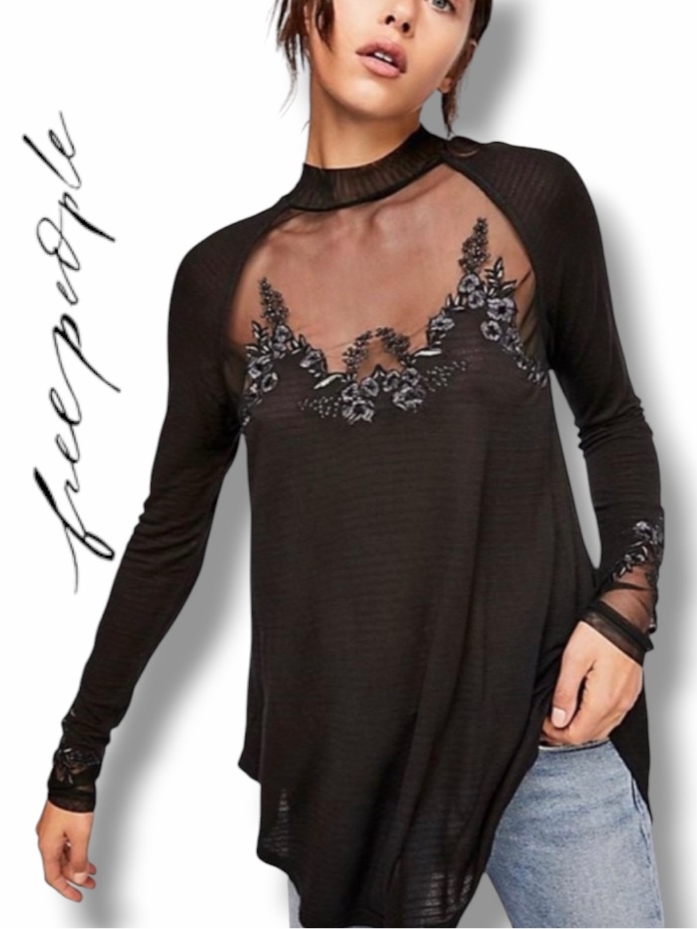 Free People Women’s Saheli Embroidered Mesh Tunic Top in the Size Large in Black